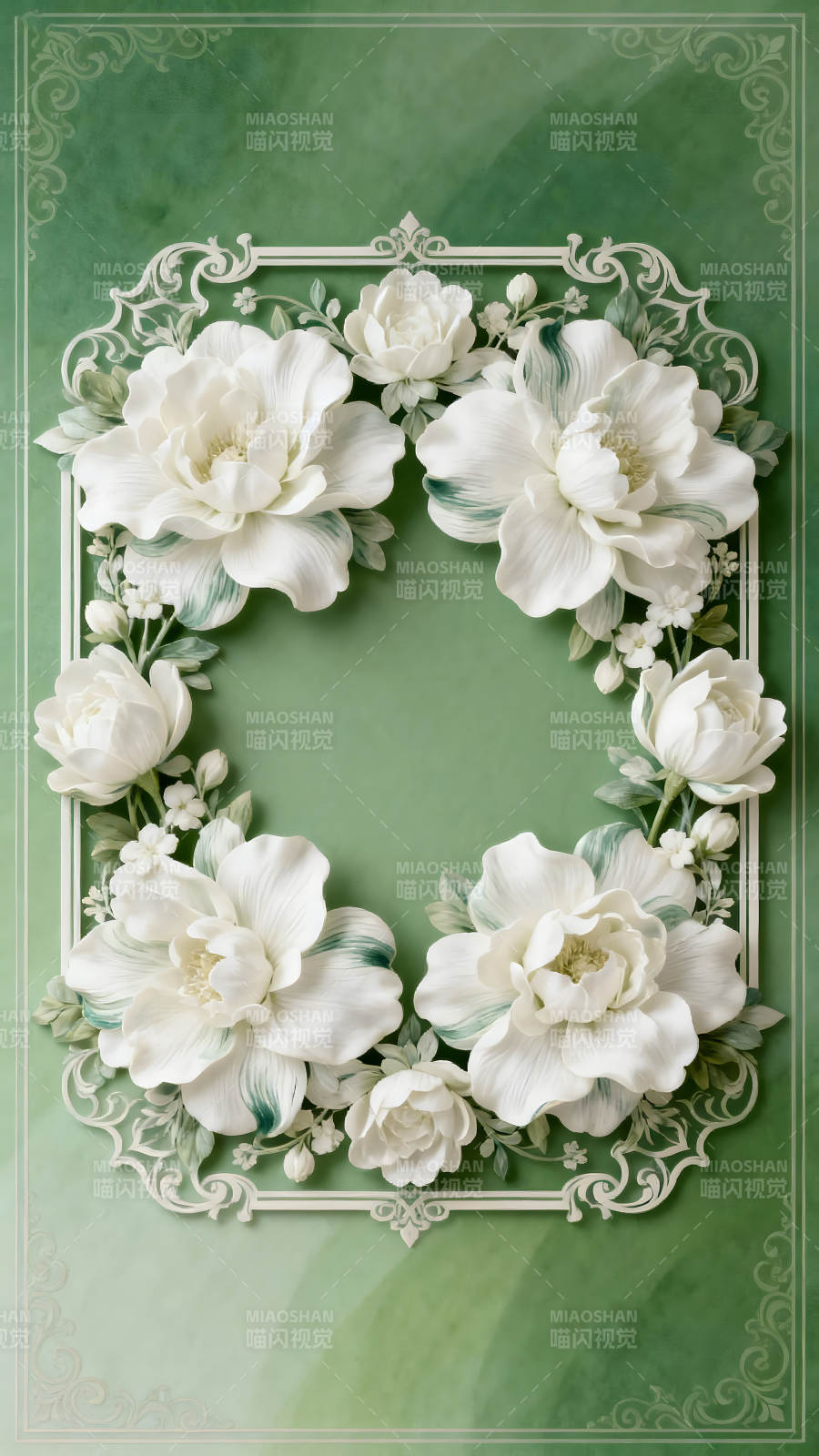 白色花朵环绕的绿色背景装饰画-图片
