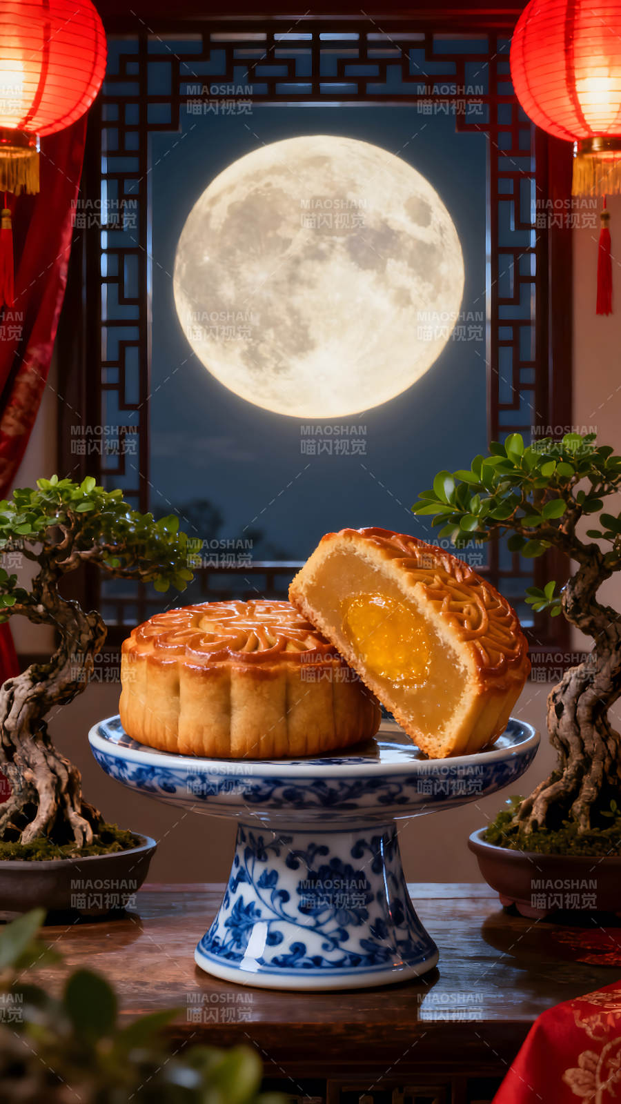 中秋月饼与圆月-图片