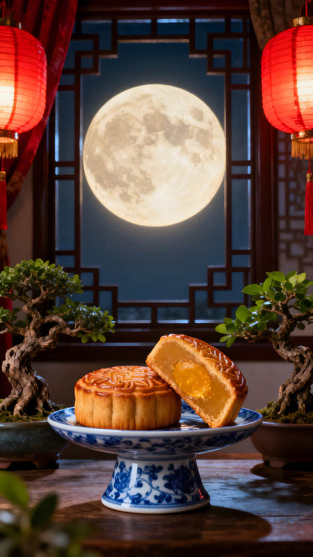 月亮下的月饼庆中秋-图片