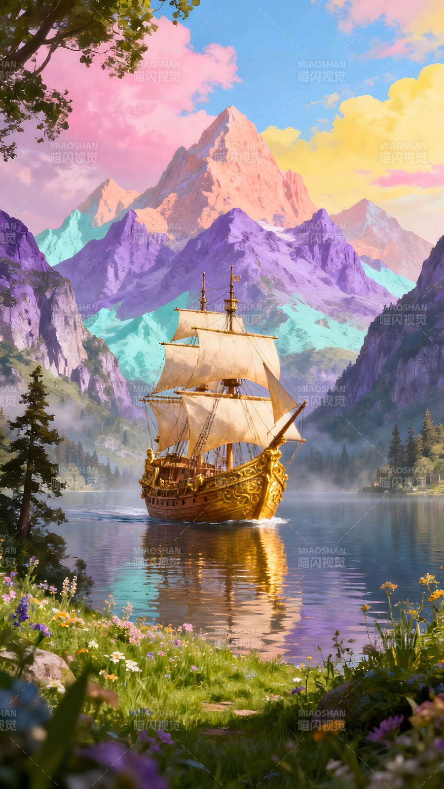 金船行駛在夢幻的湖泊-圖片