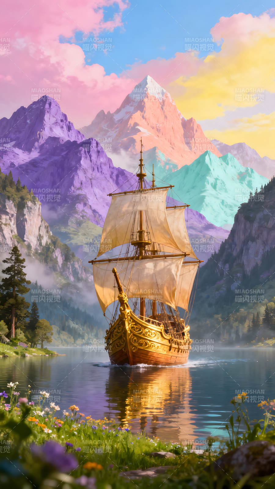 梦幻的航船在彩色山峰间航行-图片