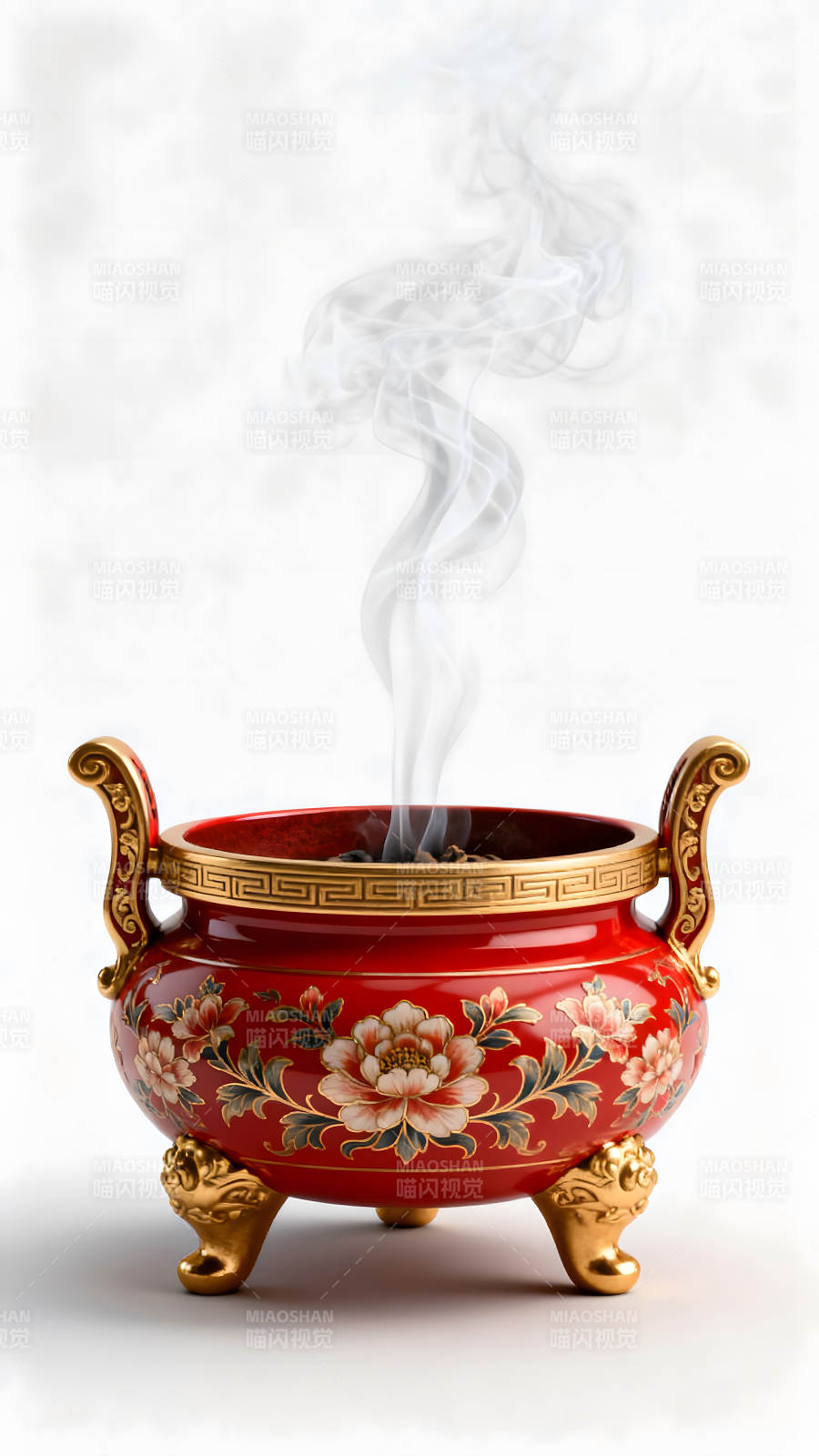红色的香炉冒着烟雾-图片