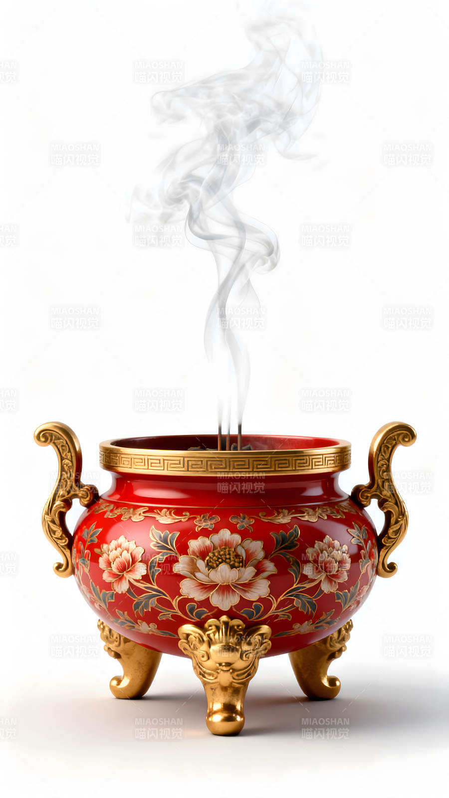 红瓷香炉袅袅炊烟-图片