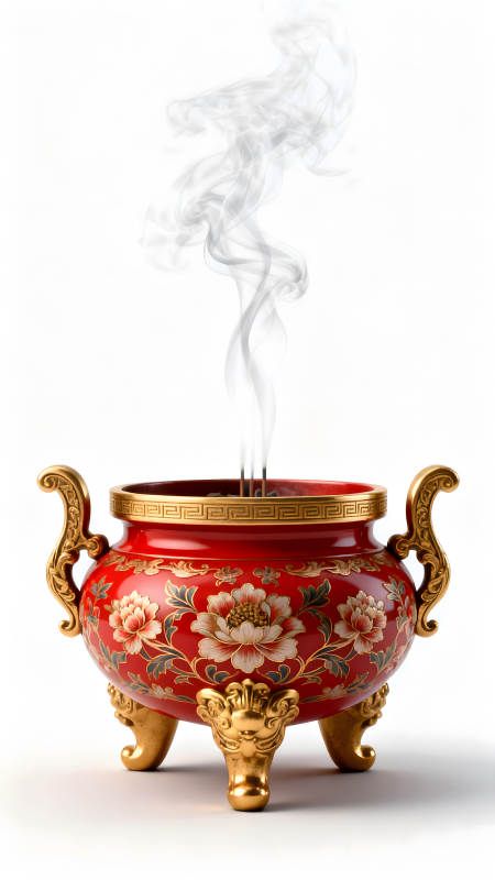 红瓷香炉袅袅炊烟-图片