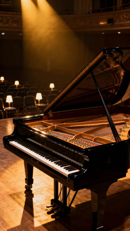 舞台上的钢琴在聚光灯下-图片