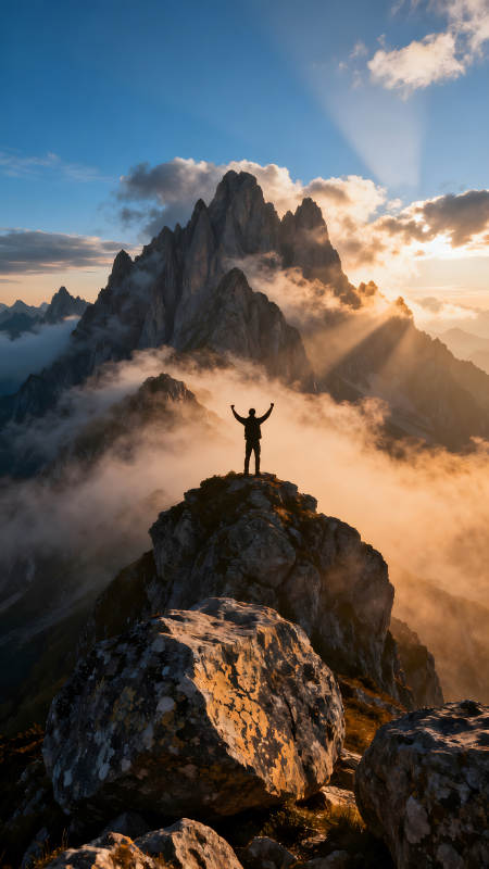 登山者庆祝成功壮丽山河风光-图片