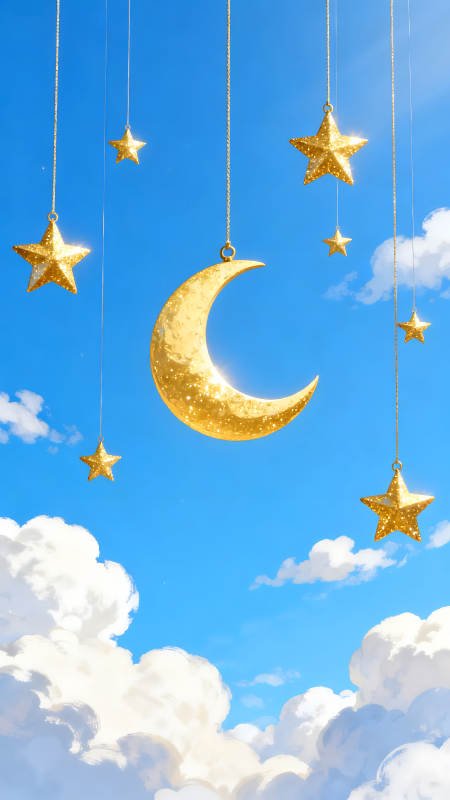 金色的月亮与星星悬挂空中画面唯美-图片