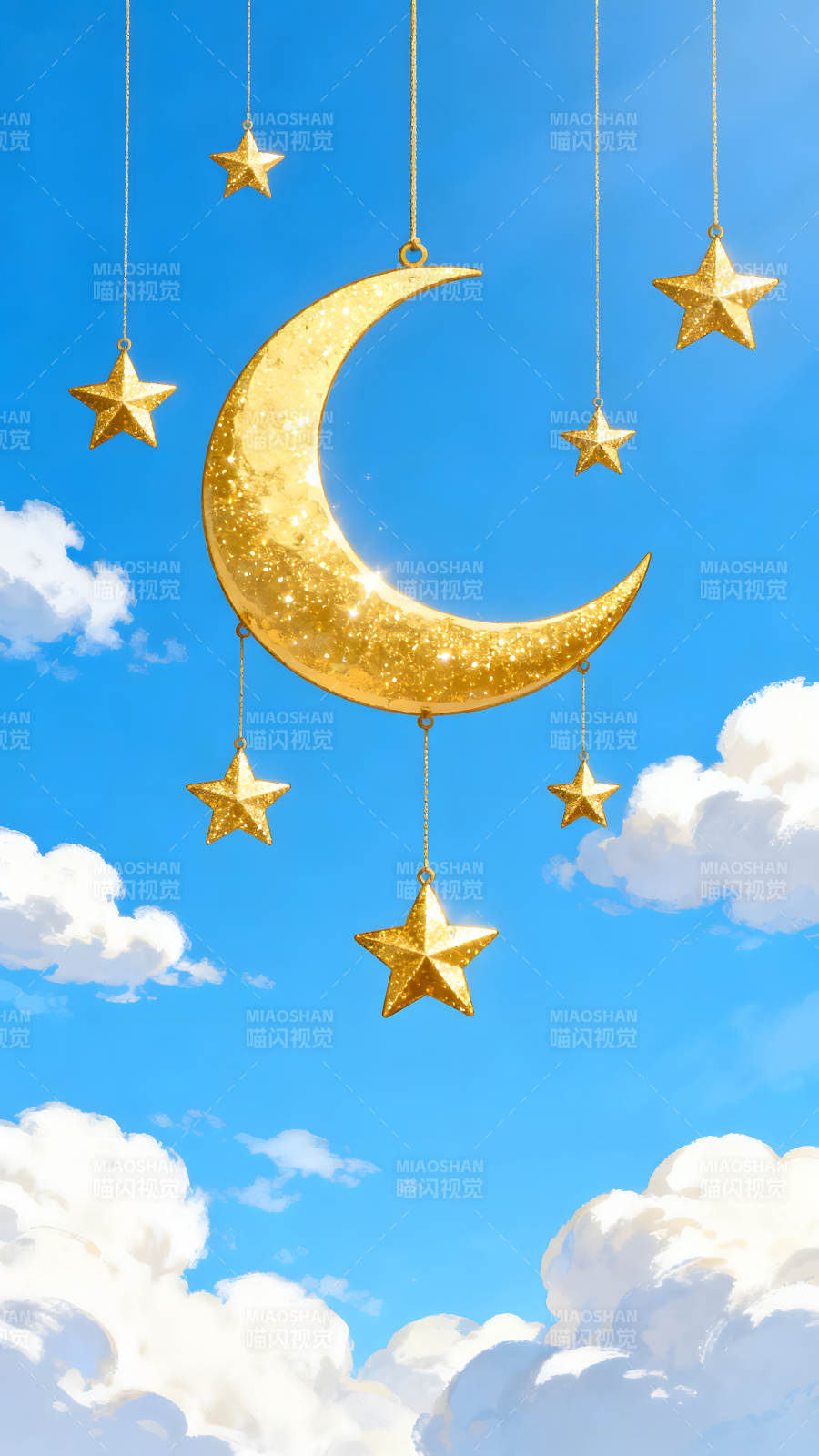 金色的月亮和星星在蓝色的天空-图片