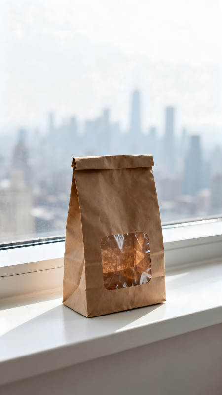 紙袋在窗臺前背景模糊城市-圖片