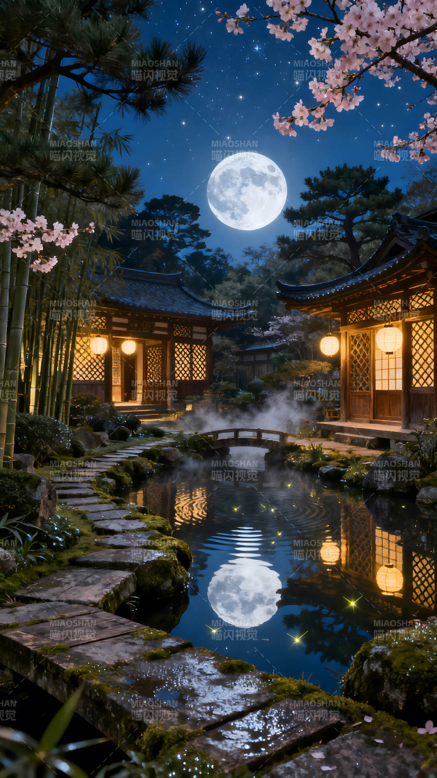靜謐夜景下的日式庭院-圖片