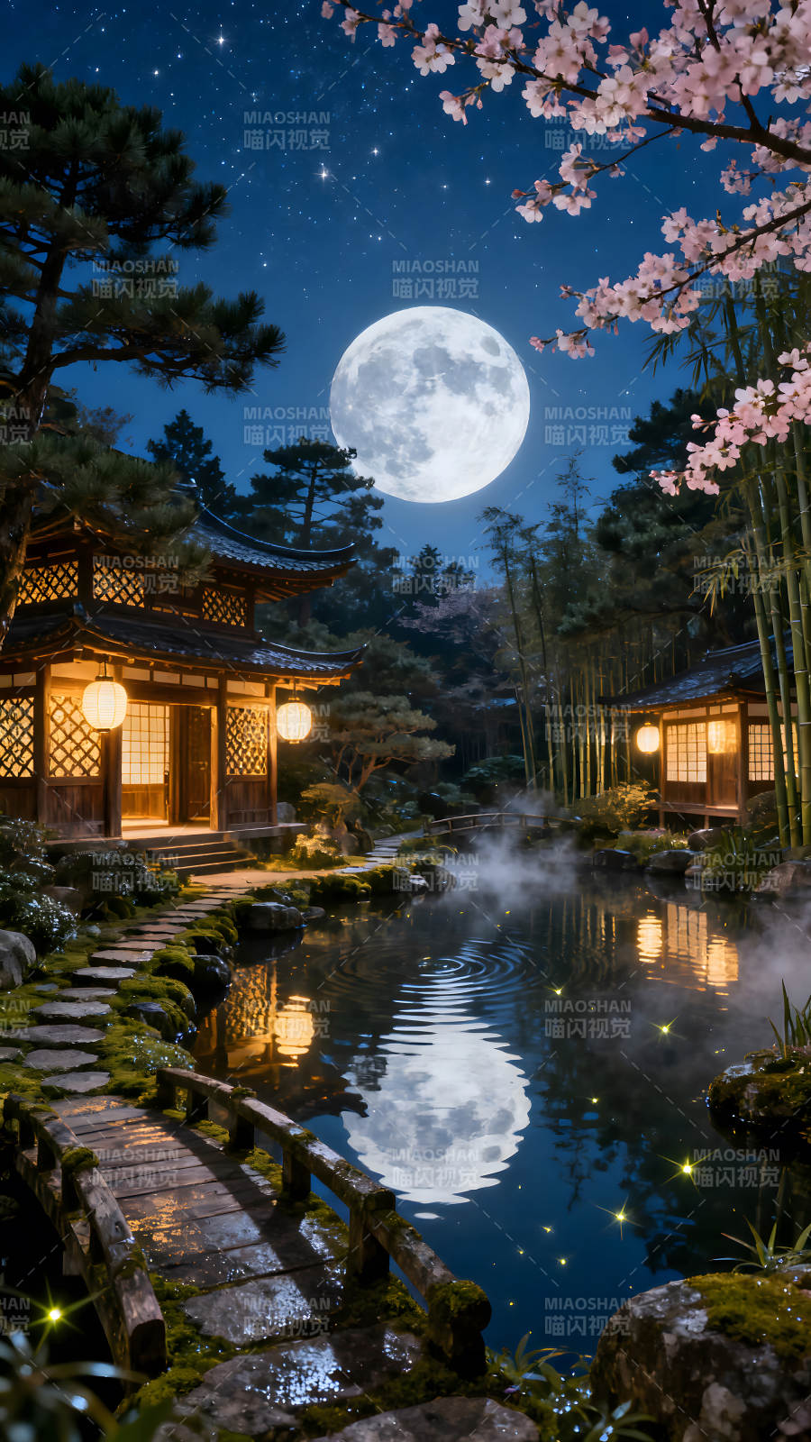 夜晚的日式庭院月光下的静谧-图片