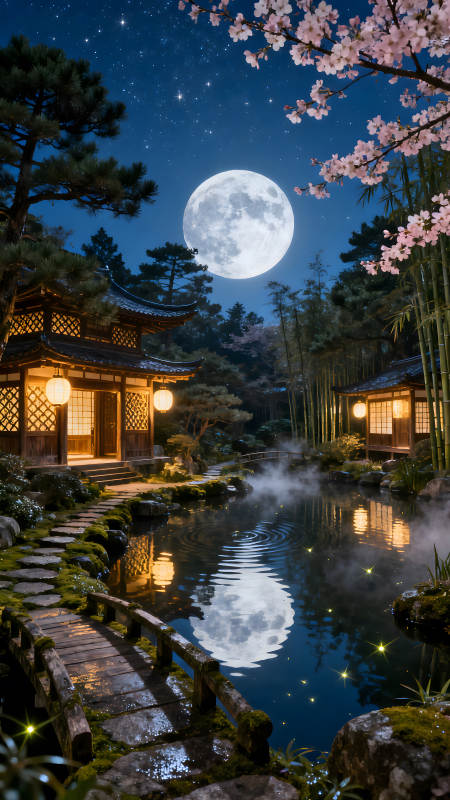 夜晚的日式庭院月光下的靜謐-圖片