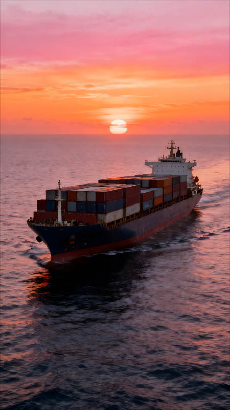 海面夕陽下的貨船航行-圖片