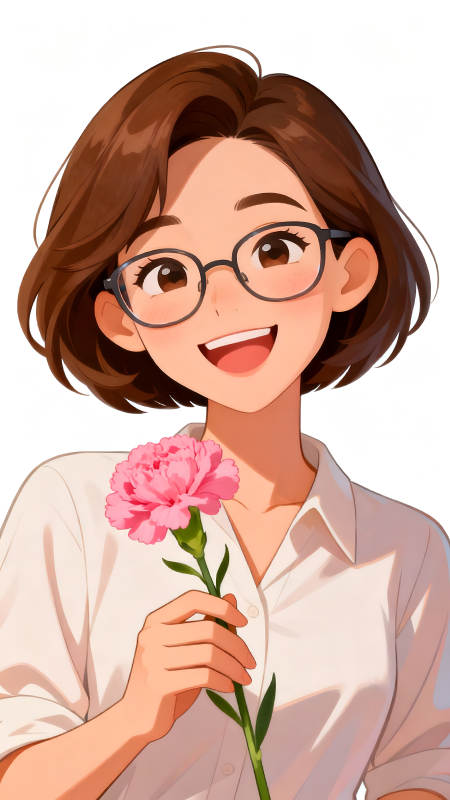 女孩手捧粉色康乃馨露出微笑-图片