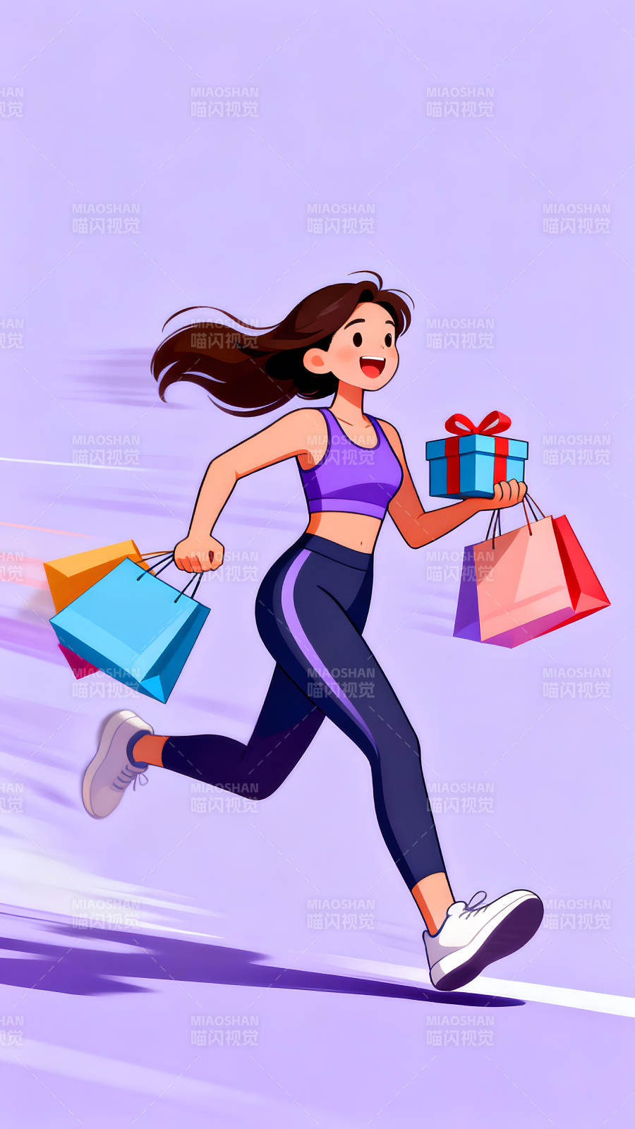 购物狂奔的卡通女孩-图片