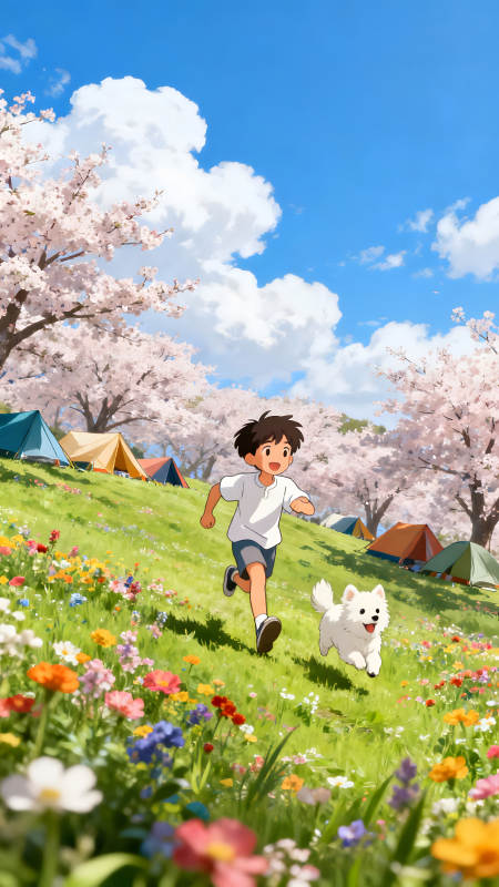 男孩与狗狗在樱花草地奔跑-图片