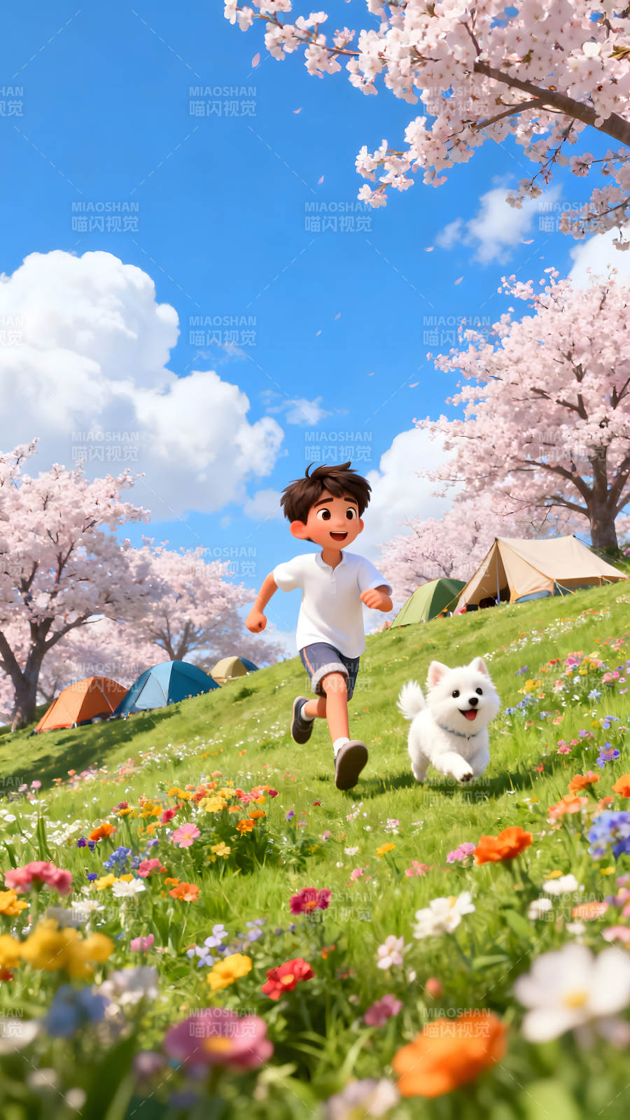 男孩与小狗在樱花盛开的草地上奔跑-图片