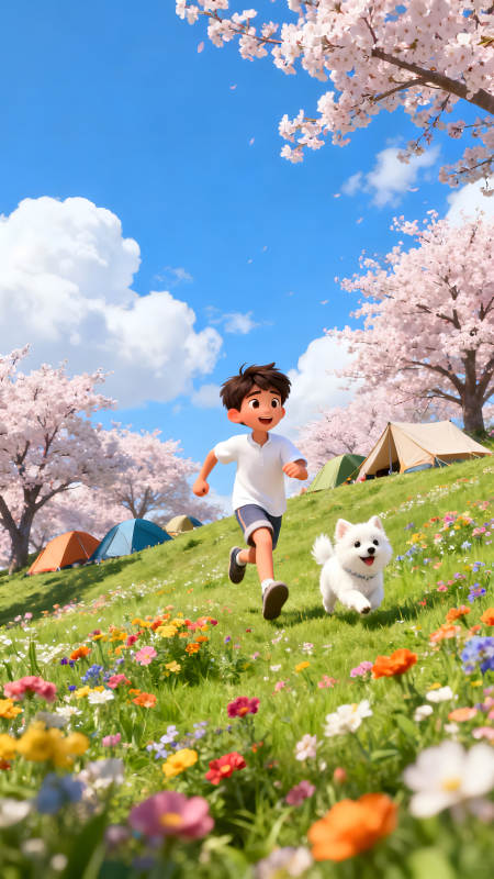 男孩与小狗在樱花盛开的草地上奔跑-图片