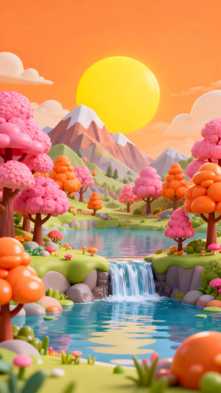 卡通风格风景图日出山水美如画-图片