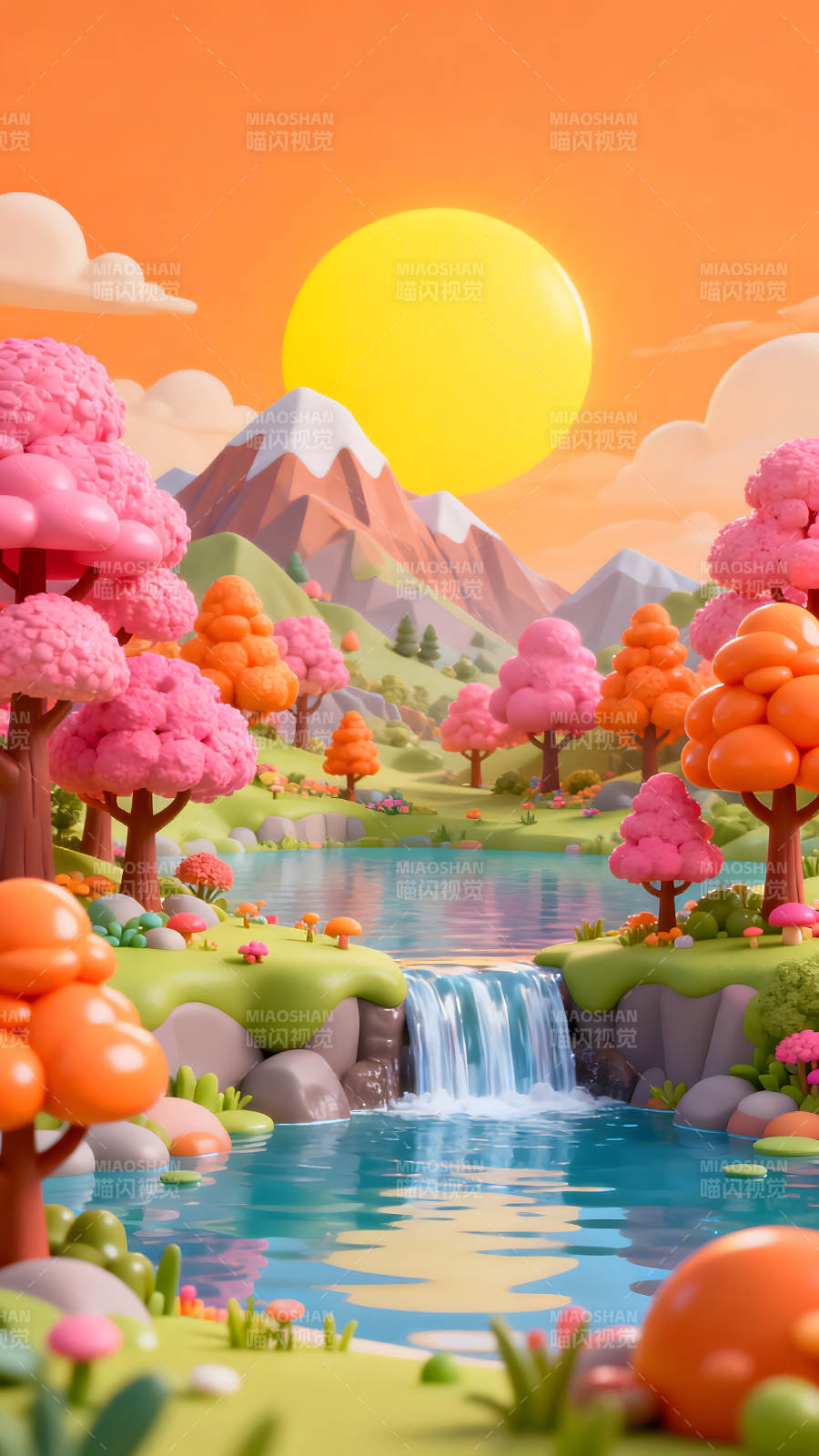 卡通风格风景图日出山水美如画-图片