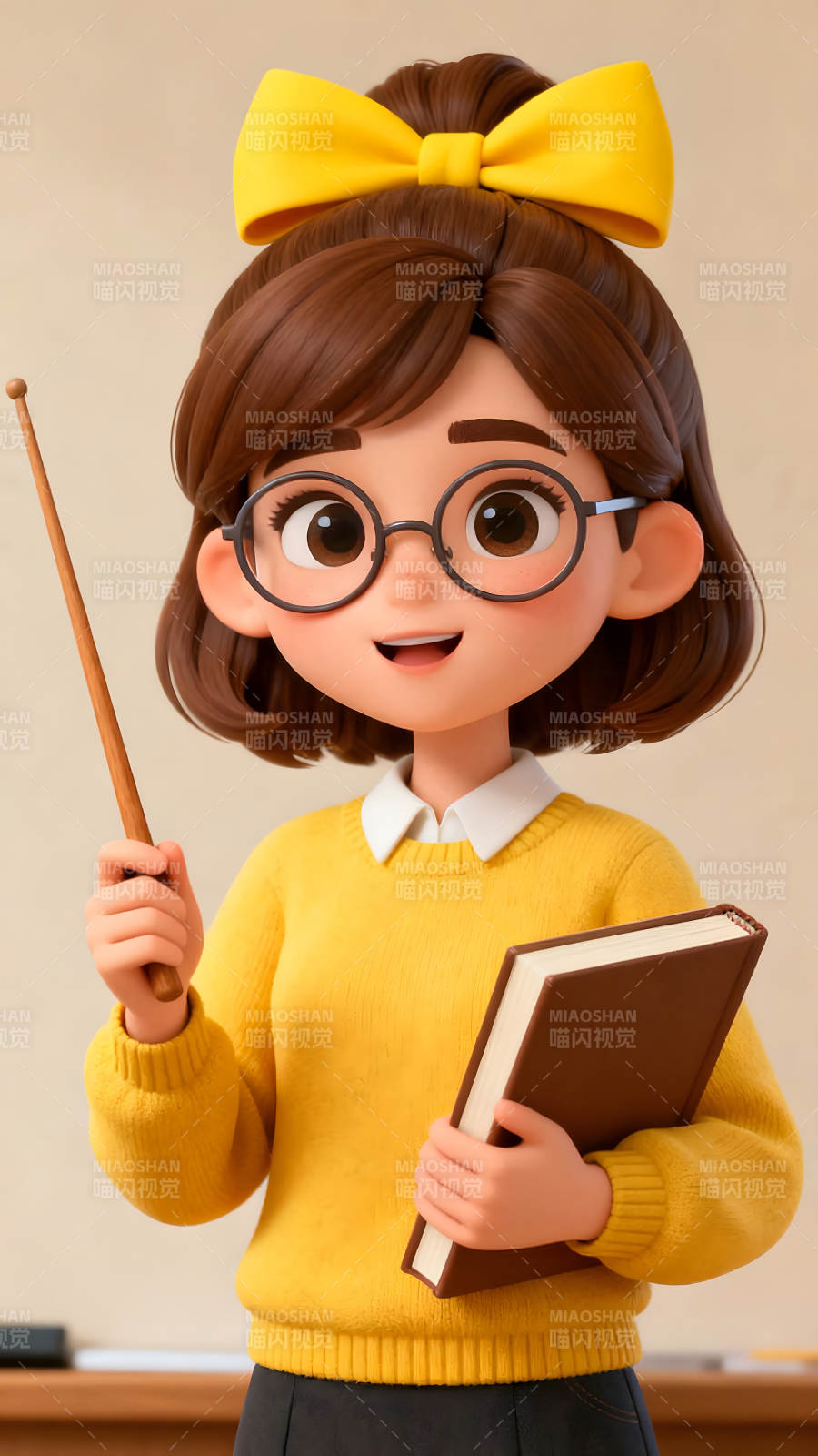 卡通老师拿着教鞭和书本-图片