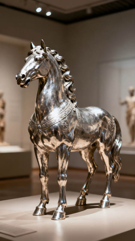銀制駿馬雕塑屹立于博物館-圖片