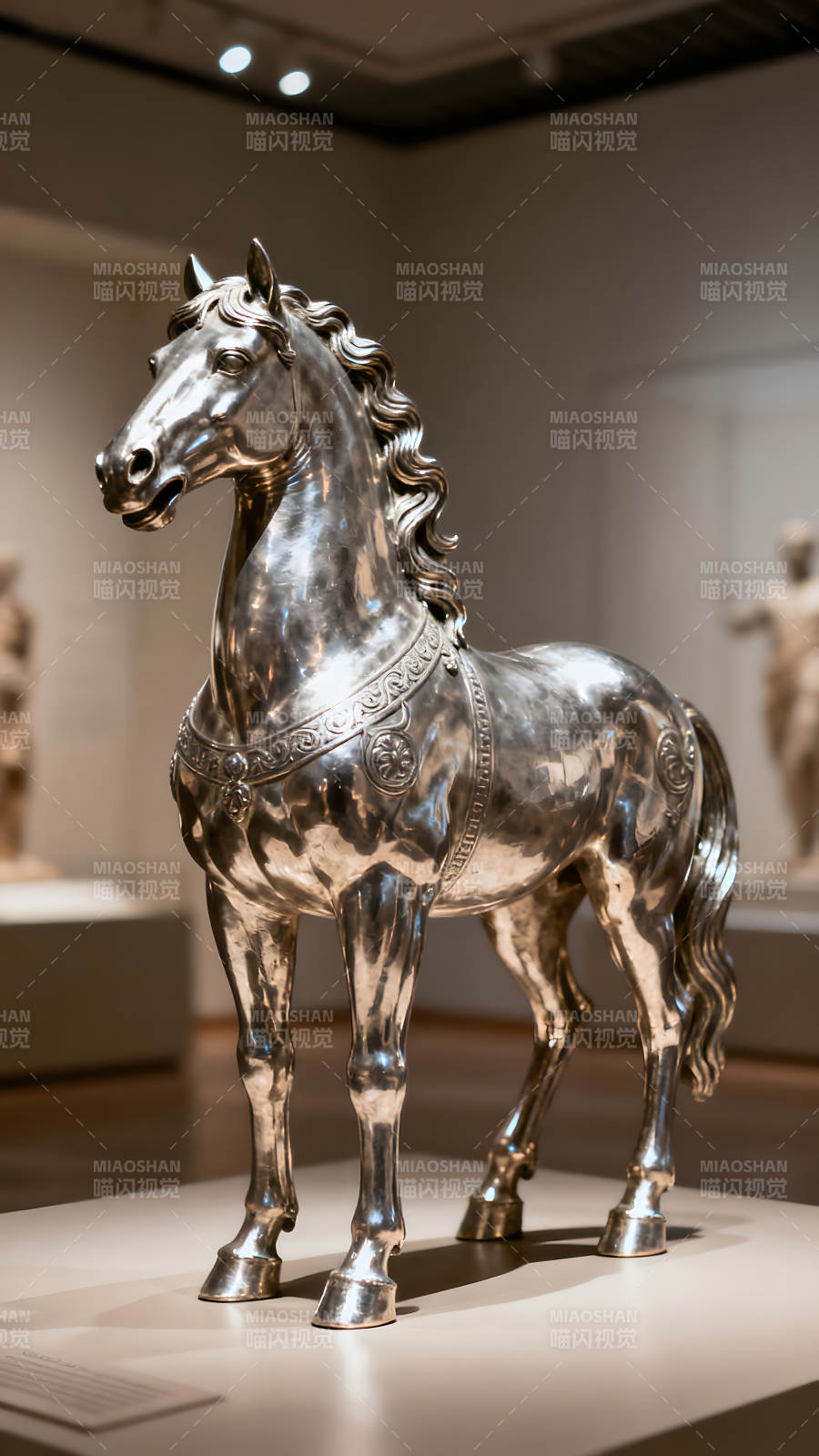 银制骏马雕塑屹立于博物馆-图片