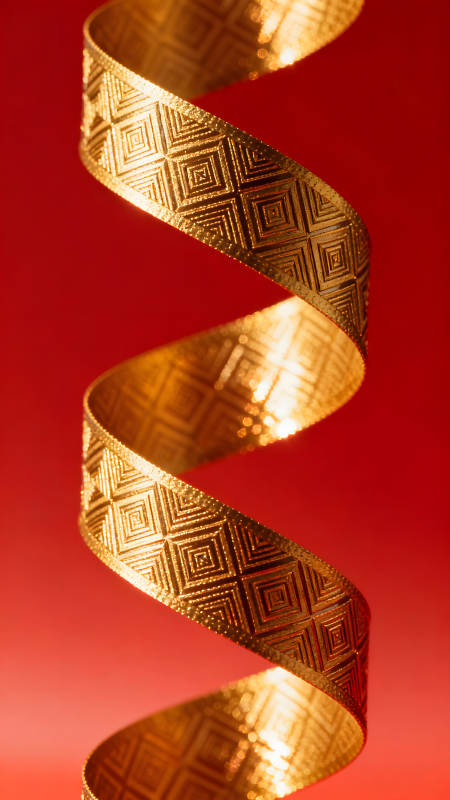 金色的丝带在红色的背景下旋转-图片