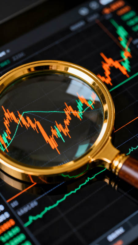 放大鏡觀察股市走勢(shì)圖-圖片