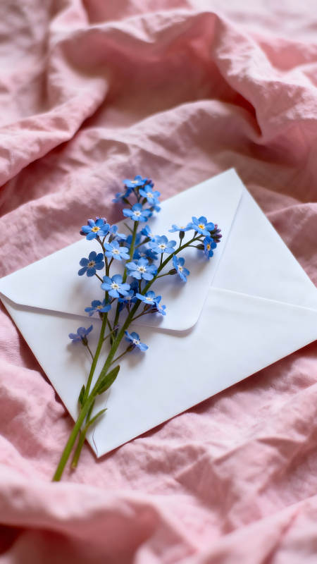 信封与勿忘我花束铺在粉色床单上-图片