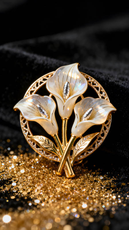 精致的金色花朵胸针特写-图片