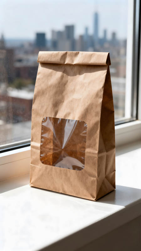 棕色紙袋放窗臺前景色模糊-圖片