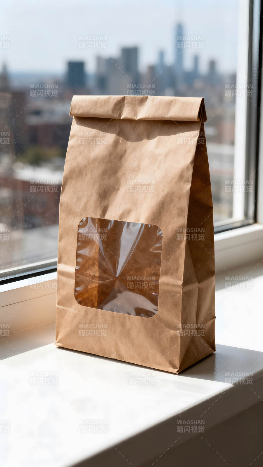 棕色紙袋放窗臺前景色模糊-圖片
