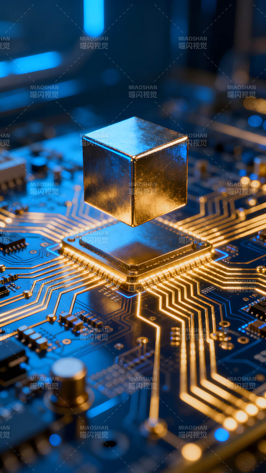 芯片与金色方块的科幻画面-图片