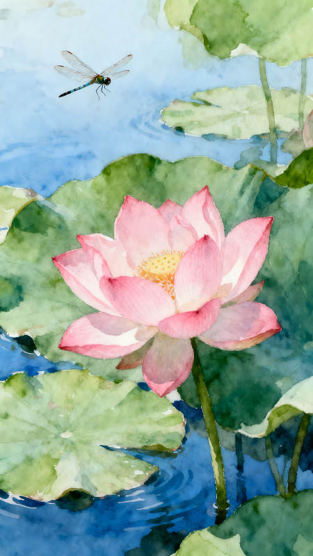 粉色莲花蜻蜓在水上-图片
