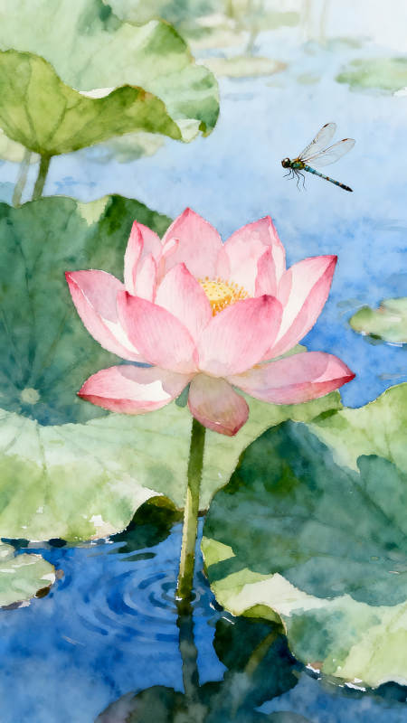 粉色莲花与蜻蜓在水中绽放-图片