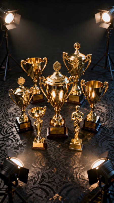 金色奖杯聚光灯下闪耀-图片