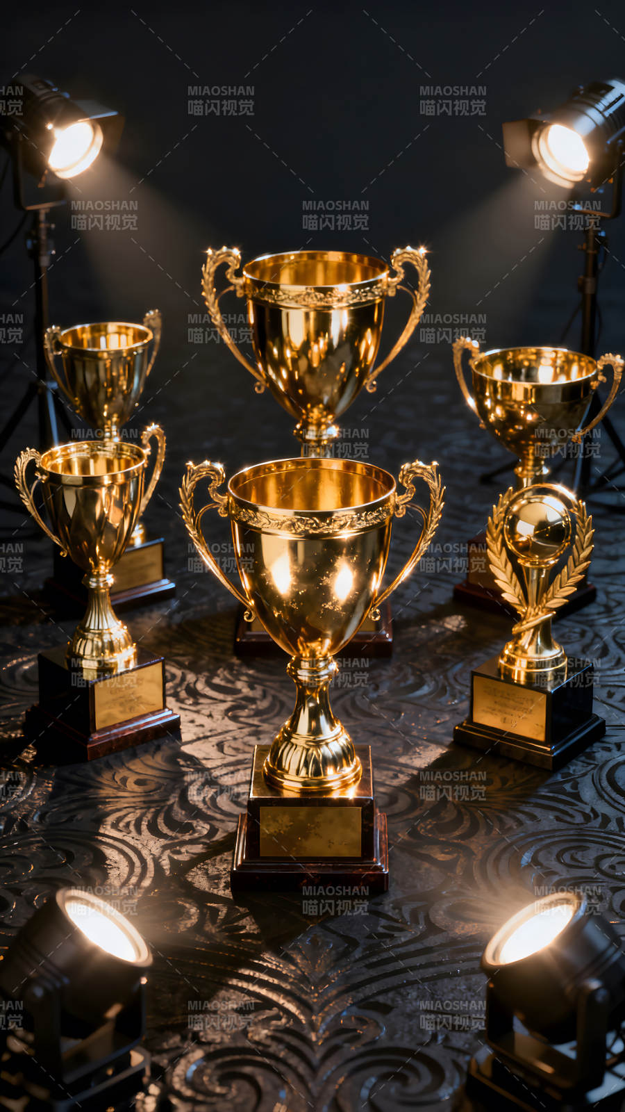 金色奖杯在聚光灯下闪耀-图片
