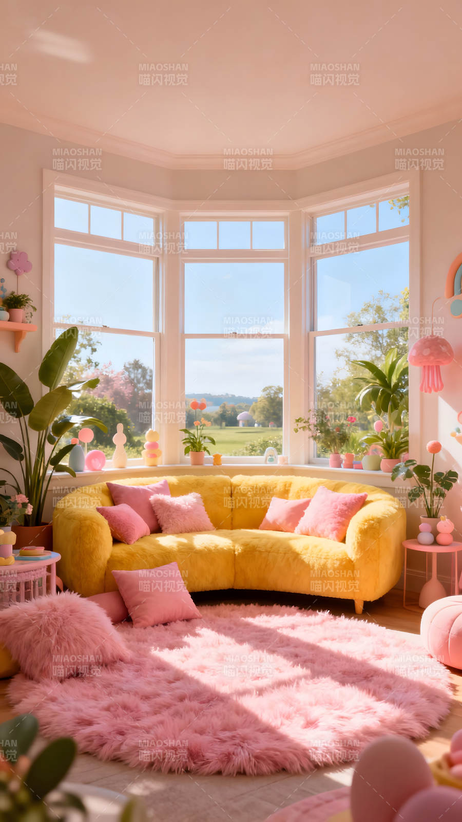 粉色系溫馨沙發(fā)角落陽(yáng)光明媚-圖片