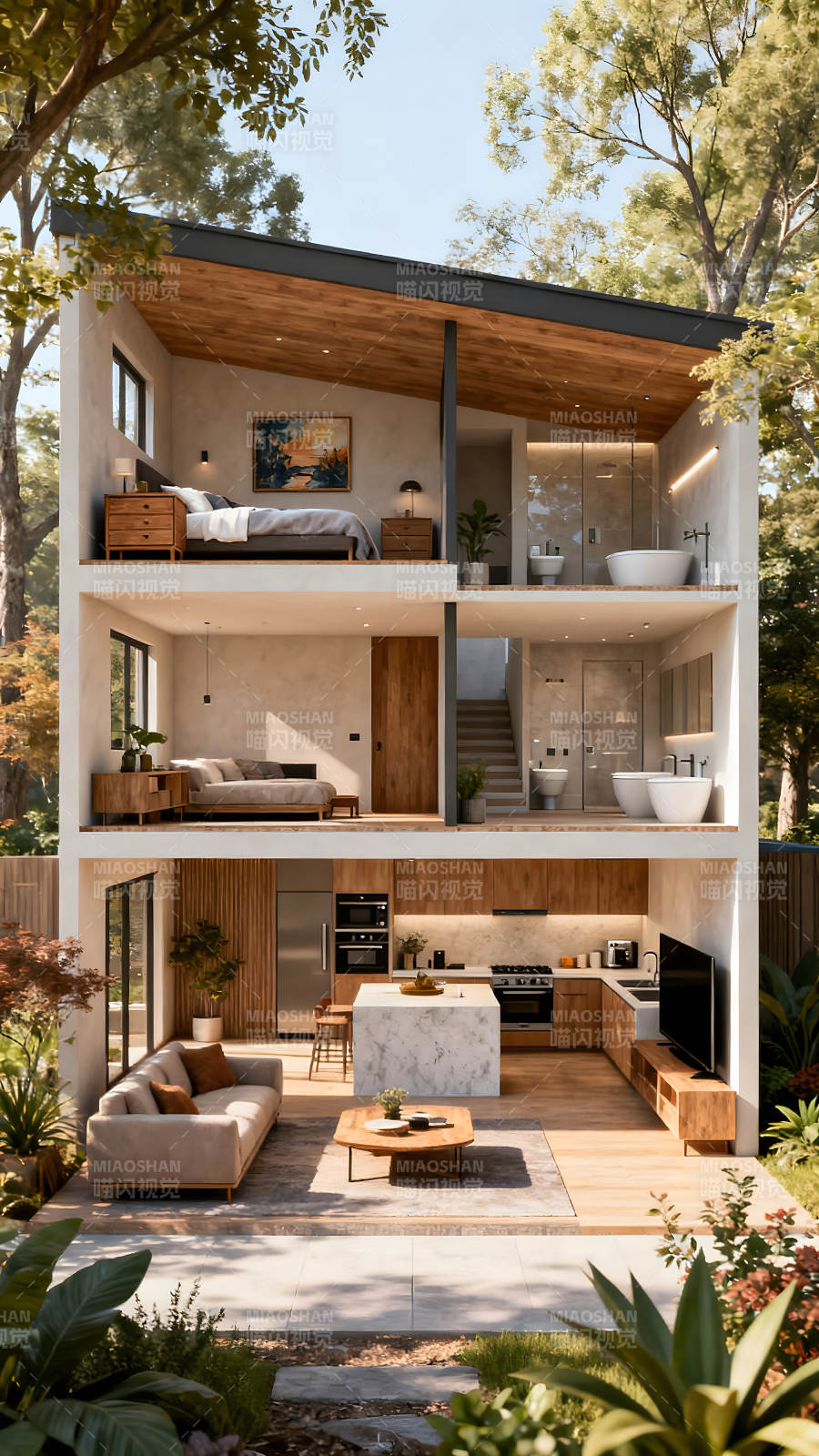 現代風格三層別墅內部結構剖面圖-圖片