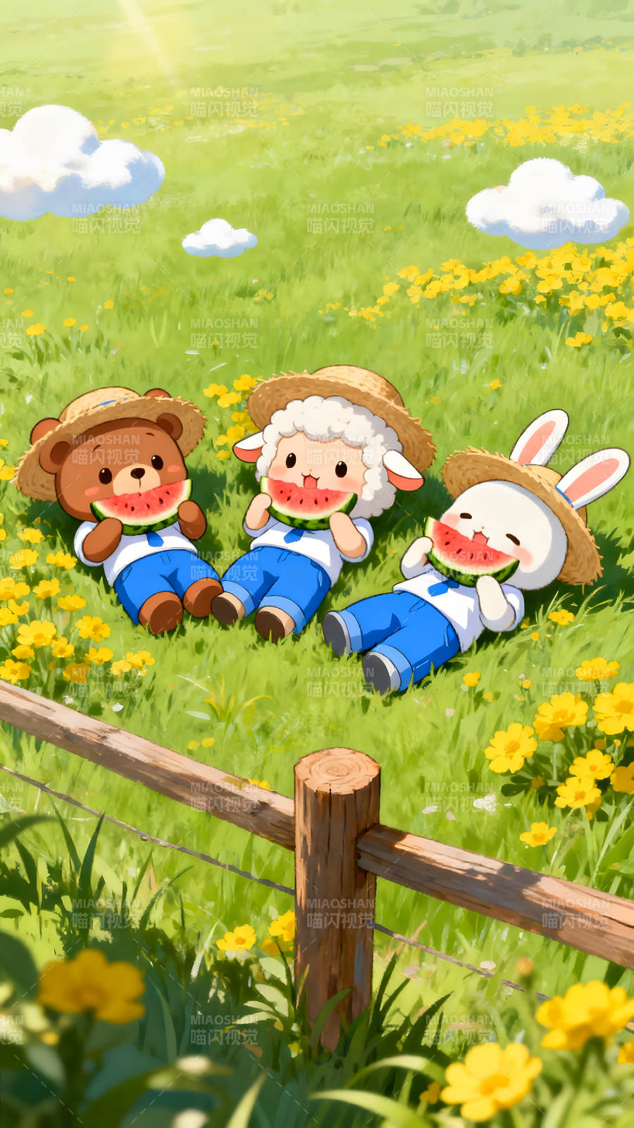 卡通动物吃西瓜草地惬意时光-图片