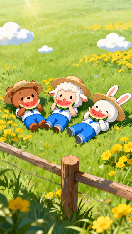 卡通動物吃西瓜草地愜意時光-圖片