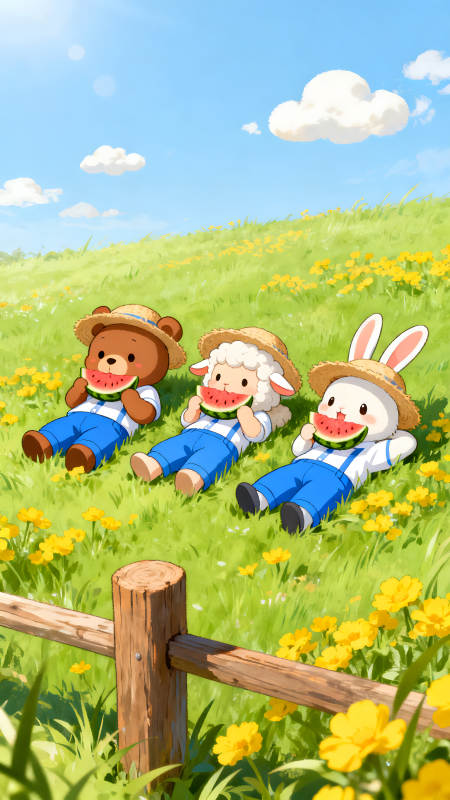 小動物夏日吃西瓜-圖片