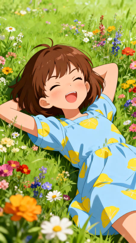 女孩躺草地笑容燦爛享受陽光-圖片