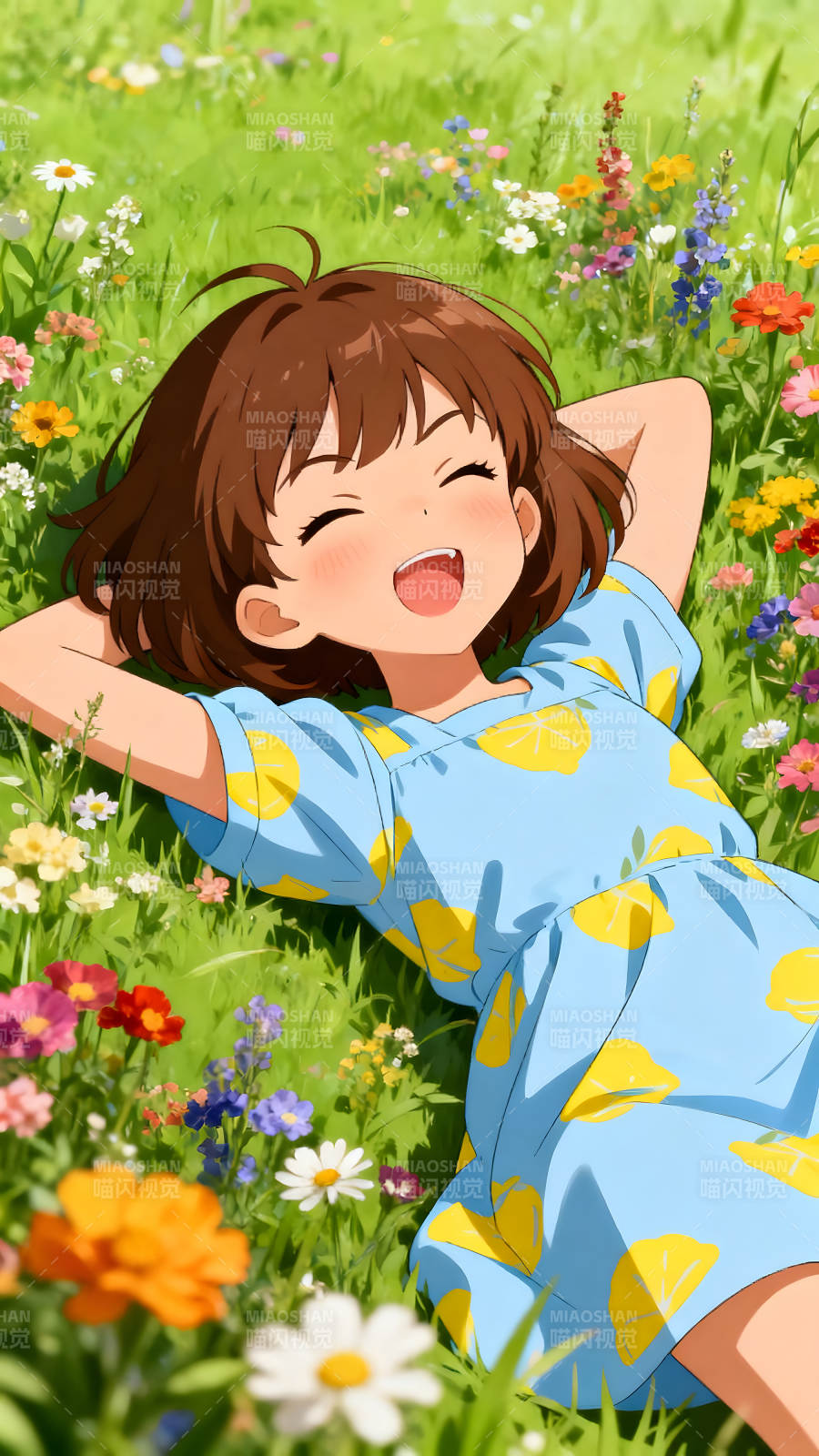 女孩躺草地笑容燦爛享受陽光-圖片