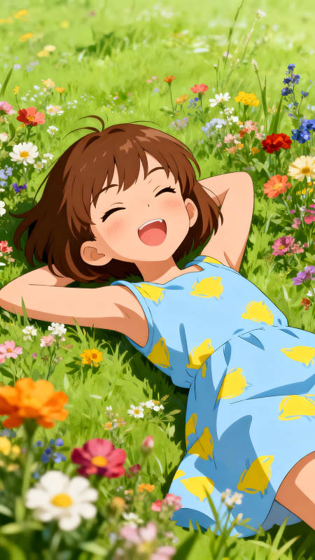 女孩躺在草地上享受陽光-圖片