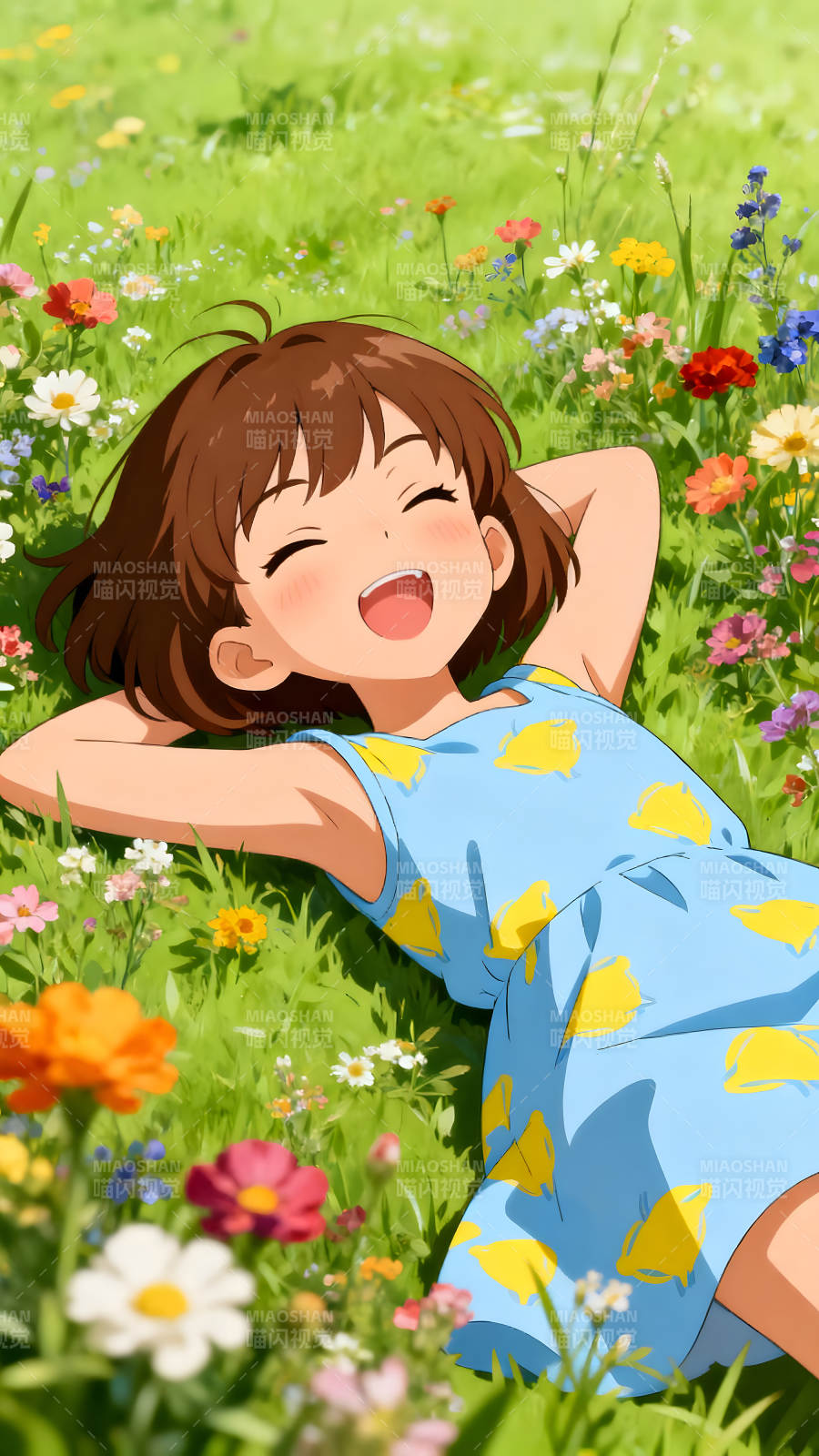 女孩躺在草地上享受陽光-圖片