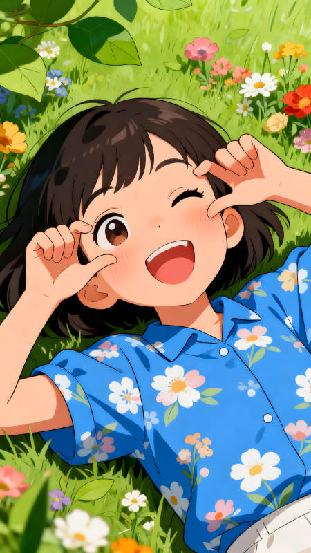 女孩躺草地上微笑享受陽光-圖片