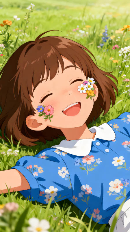 女孩躺在草地上笑得很開心-圖片