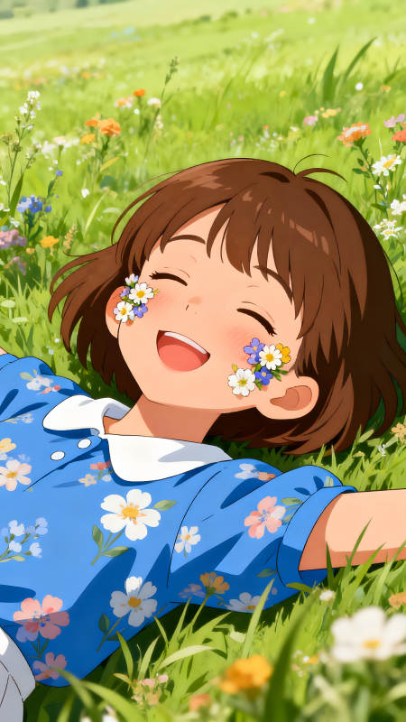 女孩躺草地綻放笑容鮮花點綴清新可愛-圖片